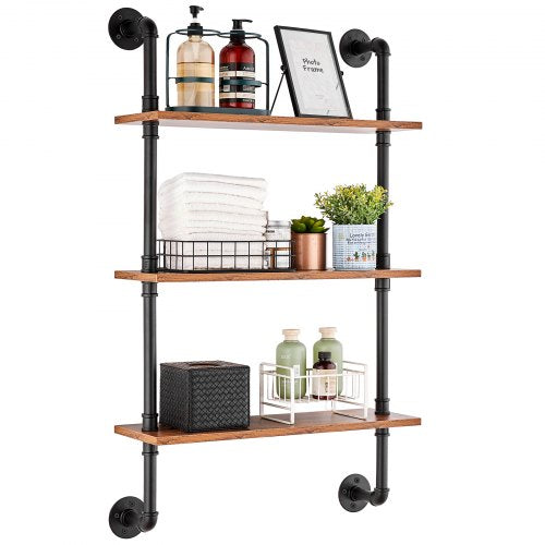 VEVOR Industrial Pipe Shelf, 3 Tier 24x7.87in, Wall-Mount Floating Rustic Wood Shelves Bracket Display Bookshelf, Storage Rack Sundries Holder for Kit