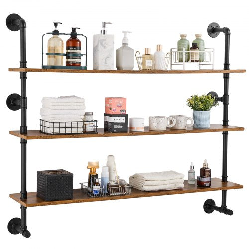 VEVOR Industrial Pipe Shelf, 3 Tier 48x9.84in, Wall-Mount Floating Rustic Wood Shelves Bracket Display Bookshelf, Storage Rack Sundries Holder for Kit