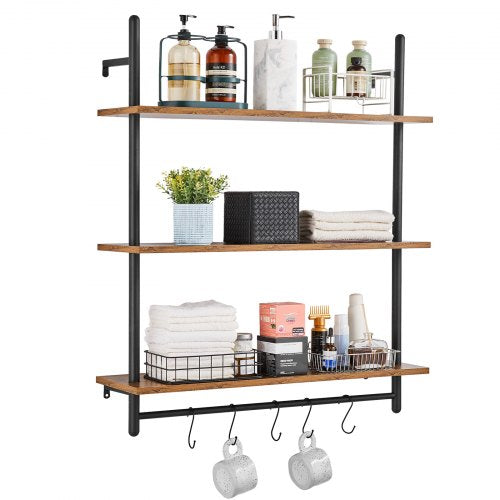 VEVOR Industrial Pipe Shelf, 3 Tier 32x9.84in, Wall-Mount Floating Rustic Wood Shelves Bracket Display Bookshelf, Storage Rack Sundries Holder for Kit