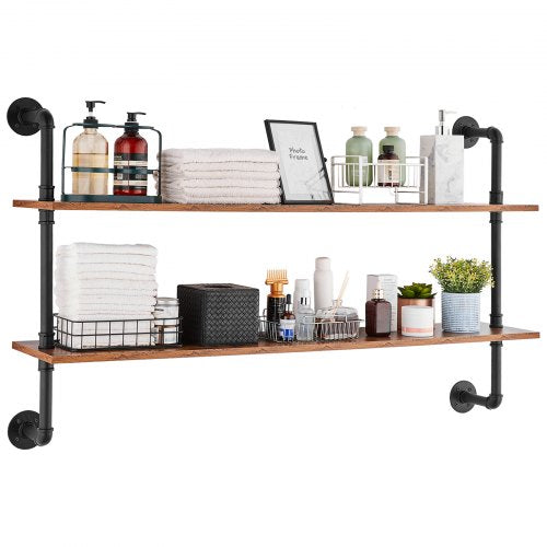VEVOR Industrial Pipe Shelf, 2 Tier 48x 9.84in, Wall-Mount Floating Rustic Wood Shelves Bracket Display Bookshelf, Storage Rack Sundries Holder for Ki