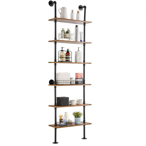 VEVOR Industrial Pipe Shelf, 6 Tier 24x9.84in, Wall-Mount Floating Rustic Wood Shelves Bracket Display Bookshelf, Storage Rack Sundries Holder for Kit