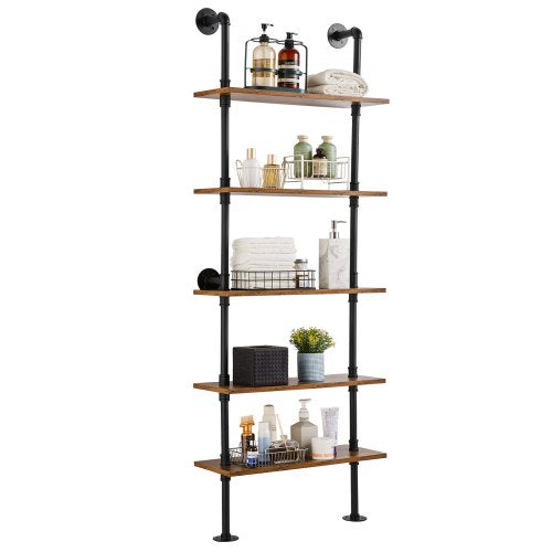 VEVOR Industrial Pipe Shelf, 5 Tier 24x9.84in, Wall-Mount Floating Rustic Wood Shelves Bracket Display Bookshelf, Storage Rack Sundries Holder for Kit