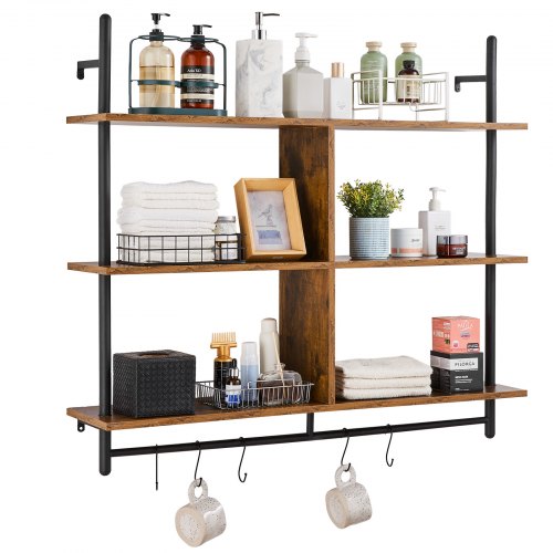VEVOR Industrial Pipe Shelf, 3 Tier 41.5x9.84in, Wall-Mount Floating Rustic Wood Shelves Bracket Display Bookshelf, Storage Rack Sundries Holder for K