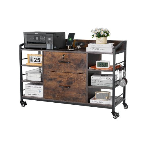 VEVOR 2 Drawers Metal File Cabinet, Lateral Filing Cabinet with Lock and 6 Open Shelves, Wooden Wide Filing Storage Cabinets with Power Strip for Lett