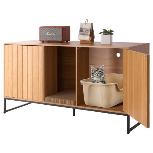 VEVOR Cat Litter Box Enclosure Furniture, 120 cm Hidden Litter Box Cabinet with Scratch Pad & Storage, Waterproof Cat Washroom End Table Cat House, Fi