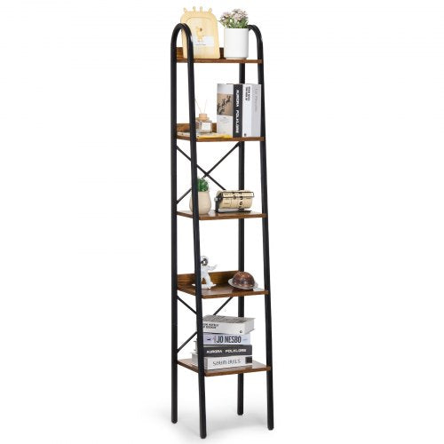 VEVOR Metal Bookshelf, 5-Tier Industrial Bookshelf, Tall Narrow Rustic Vintage Storage Bookcase with Open Shelves, Freestanding Display Shelving Unit