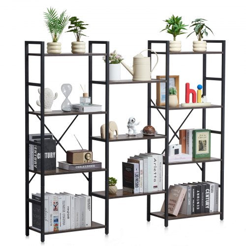 VEVOR Triple Metal Bookshelf, 11-Tier Industrial Bookshelf, Large Rustic Vintage Storage Bookcase with Open Shelves, Freestanding Display Shelving Uni