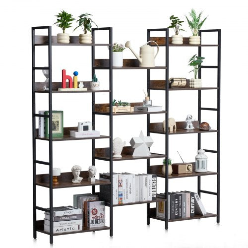 VEVOR Triple Metal Bookshelf, 14-Tier Industrial Bookshelf, Large Rustic Vintage Storage Bookcase with Open Shelves, Freestanding Display Shelving Uni