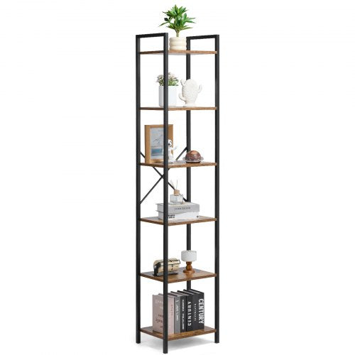 VEVOR Metal Bookshelf, 6-Tier Industrial Bookcase, Tall Narrow Rustic Vintage Storage Bookshelf with Open Shelves, Freestanding Display Shelving Unit