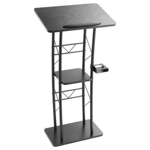 VEVOR Podium Stand, 47-Inch Metal Lectern, Curved Standing Podium with Wide Reading Surface, Open Storage Compartment, Book Stopper, Cup Holder, for C