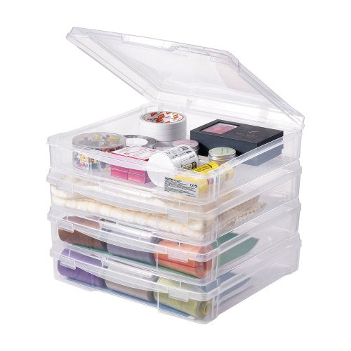 VEVOR Scrapbook Paper Storage, 4 Pack Stackable Plastic Board Game Boxes, Clear Multi-Purpose Document Case with Rounded Corners and Double Latches, f