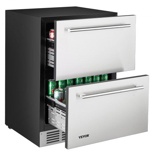 VEVOR 24 Inch Under Counter Drawer Refrigerator, Stainless Steel Dual Drawer Fridge with Temperature Control, Outdoor Refrigerator with Powerful Compr