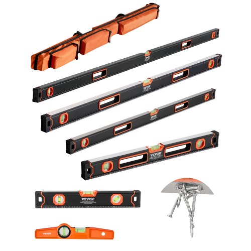 VEVOR 6-Piece Torpedo Level, 78-48-32-24-16-10 Inch All Magnetic Levels Set, Bubble Vials Ruler for 45-90-180 Degree, Aluminum Alloy Magnetic Box Leve