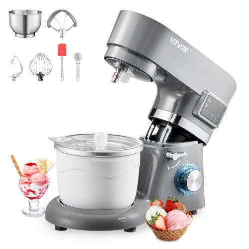 VEVOR Ice Cream Maker, 1.8 Qt. Capacity, 6-Speed Electric Stand Mixer, with LED Digital Display & Timer, Mixing Paddle, Dough Hook, Splash Guard, for