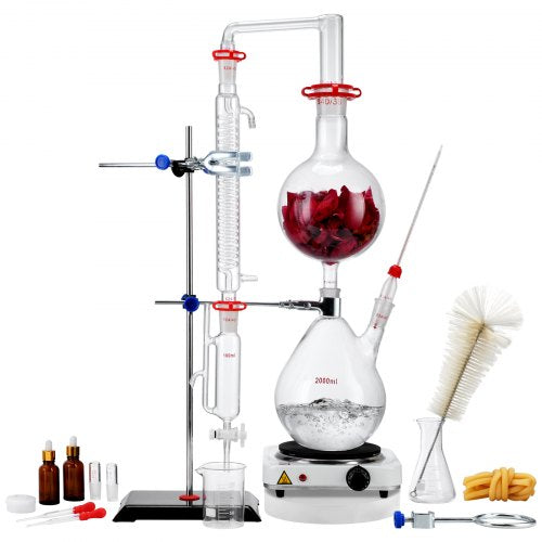VEVOR Essential Oil Distillation Kit, 2000ml Distillation Apparatus, 3.3 Boro Lab Glassware Distillation Kit with 1000W Heating Plate and 24, 40 Joint