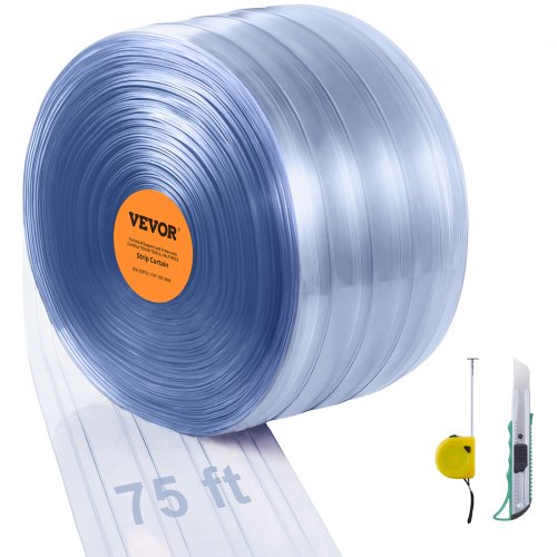 VEVOR Strip Curtain, 75' Length, 8" Width, 0.08" Thickness, Clear Ribbed Plastic Door Strips, PVC Curtain Strip Door Bulk Roll for Warehouses, Factori