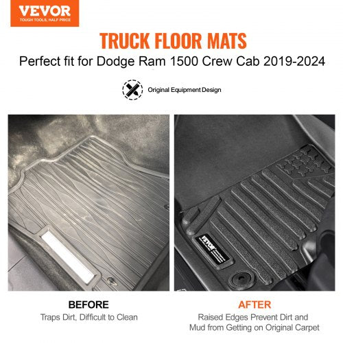 VEVOR Automotive Floor Mats, Fits for Dodge Ram 1500 Crew Cab 2019-2024, 3 pcs Front and 2nd Row Liners, All Weather Custom Fit TPE Vehicle Floor Mats