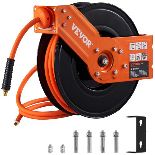 VEVOR Retractable Air Hose Reel, 3-8 IN x 50 FT Hybrid Air Hose Max 300PSI, Air Compressor Hose Reel with 5 In Lead in, Ceiling - Wall Mount Heavy Dut