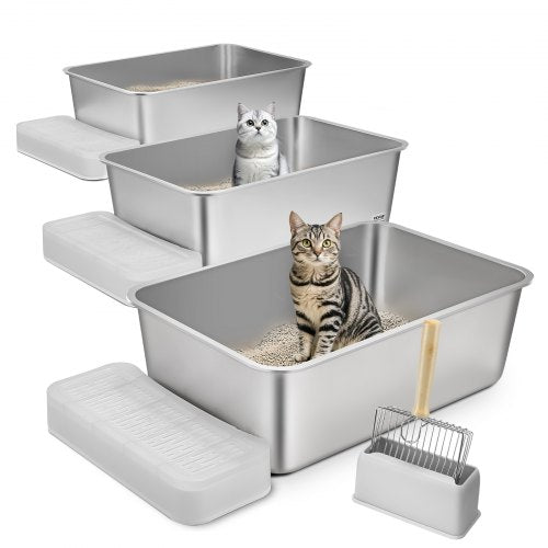 VEVOR Cat Litter Box, 8 inches Deep, XL Extra Large Stainless Steel Cat Litter Box with Scoop, Wide Filtering Foot Board & High Sides, Enclosed Odor-F