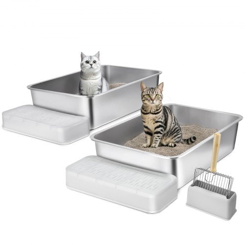 VEVOR Cat Litter Box, 152 mm Deep, XL Extra Large Stainless Steel Cat Litter Box with Scoop, Wide Filtering Foot Board & High Sides, Enclosed Odor-Fre