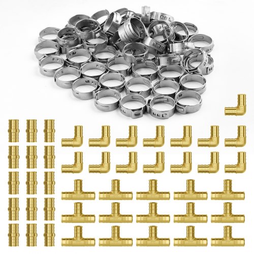 VEVOR Pipe Fittings, 1-2" 45PCS (15xStraight, 15xElbows, 15xTees) Brass Pipe Fittings, Push-Fit Pipe Connector Brass Air Fittings, Plumbing Fittings A