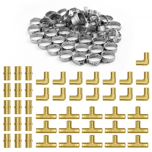 VEVOR Pipe Fittings, 3-4" 45PCS (15xStraight, 15xElbows, 15xTees) Brass Pipe Fittings, Push-Fit Pipe Connector Brass Air Fittings, Plumbing Fittings A