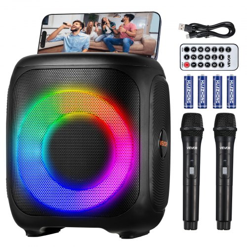 VEVOR Karaoke Machine for Adults, 15W, 4-inch Portable Bluetooth Speaker with 2 Wireless Microphones, LED Light, TWS Function, Handle, Supports Micro