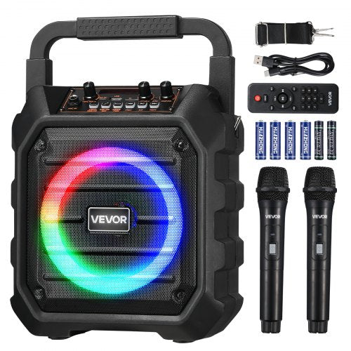 VEVOR Karaoke Machine for Adults, 20W, 6.5-inch Portable Bluetooth Speaker with 2 Wireless Microphones, LED Light, TWS Function, Handle, Shoulder Stra
