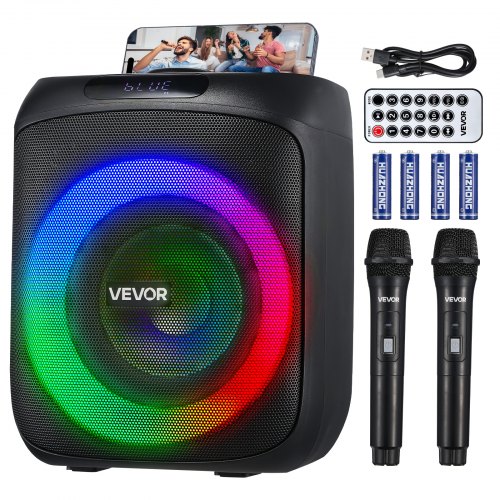 VEVOR Karaoke Machine for Adults, 30W, 6.5-inch Portable Bluetooth Speaker with 2 Wireless Microphones, LED Light, TWS Function, Handle, Support Micro