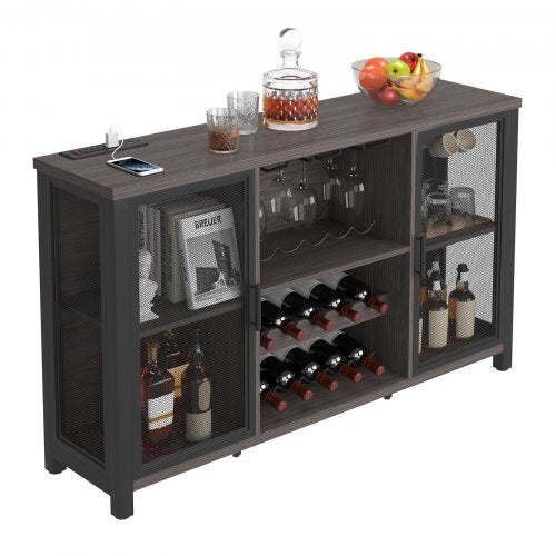 VEVOR 47 Inch Industrial Bar Cabinet, Wine Table for Liquor & Glasses, Sideboard Buffet Cabinet with Wine Rack, Freestanding Farmhouse Wood Coffee Bar
