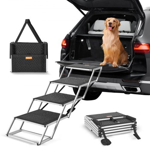 VEVOR Dog Stair for Cars, Wide 4-step Dog Car Steps, Folding Dog Car Ramp with Nonslip Surface, Portable Pet Steps Lightweight Aluminum for Car, SUV a