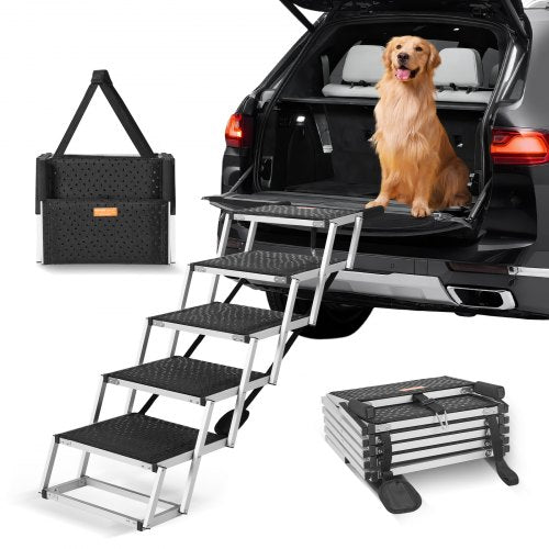 VEVOR Dog Stair for Cars, Wide 5-step Dog Car Steps, Folding Dog Car Ramp with Nonslip Surface, Portable Pet Steps Lightweight Aluminum for Car, SUV a
