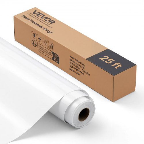 VEVOR Heat Transfer Vinyl, 304.8 x 7260mm, Glossy White HTV Iron on Vinyl Roll, Easy to Cut and Weed, Strong Adhesion, Compatible with Cutting Machine