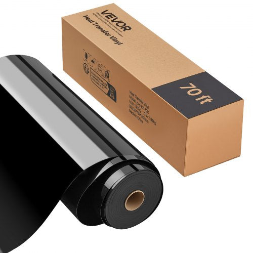 VEVOR Heat Transfer Vinyl, 12 in x 70 ft, Glossy Black HTV Iron on Vinyl Roll, Easy to Cut and Weed, Strong Adhesion, Compatible with Cutting Machines