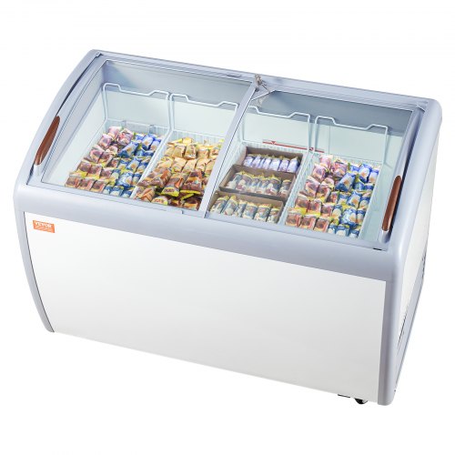 VEVOR Commercial Ice Cream Display Case, 12.8 Cu.ft Chest Freezer, Mobile Glass Top Deep Freezer, Restaurant Gelato Dipping Cabinet with 4 Wire Basket
