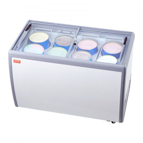 VEVOR Commercial Ice Cream Display Case, 13.1 Cu.ft Chest Freezer, Mobile Glass Top Deep Freezer, Restaurant Gelato Dipping Cabinet with 8 Large Tubs,