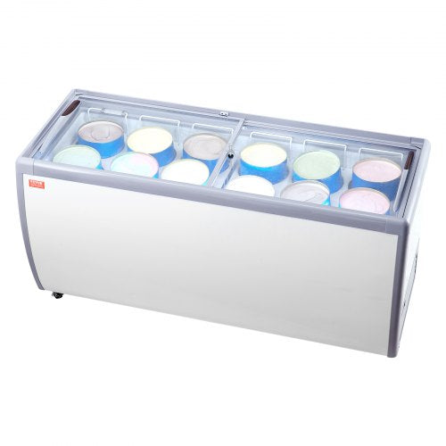 VEVOR Commercial Ice Cream Display Case, 20 Cu.ft Chest Freezer, Mobile Glass Top Deep Freezer, Restaurant Gelato Dipping Cabinet with 12 Large Tubs,