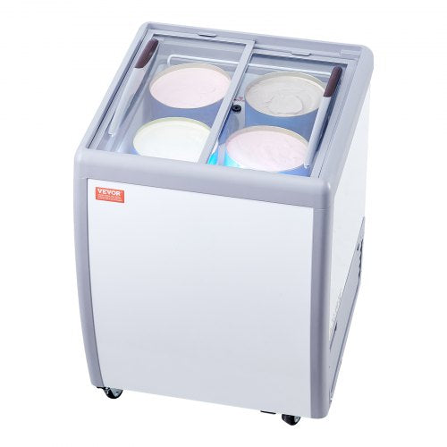 VEVOR Commercial Ice Cream Display Case, 5.6 Cu.ft Chest Freezer, Mobile Glass Top Deep Freezer, Restaurant Gelato Dipping Cabinet, 2 Sliding Glass Do