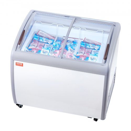 VEVOR Commercial Ice Cream Display Case, 9.3 Cu.ft Chest Freezer, Mobile Glass Top Deep Freezer, Restaurant Gelato Dipping Cabinet with 3 Wire Baskets