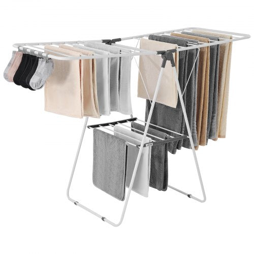 VEVOR Clothes Drying Rack, 2-Tier Foldable Laundry Dryer Rack with Sock Clips & 21 Drying Rods, Metal Height Adjustable Drying Racks for Outdoor & Ind