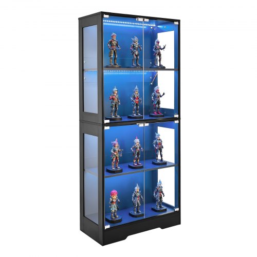 VEVOR Display Cabinet with Glass Doors, 65 in Tall Lighted Display Case with 3 Color Lights, 4-Tier Curio Collectibles Storage Cabinet, Bookshelf Book