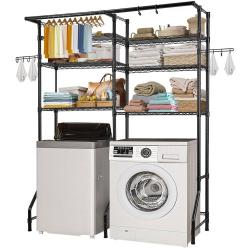 VEVOR Over Washer and Dryer Storage Shelves, 6 Tiers Laundry Room Drying Rack with Hanger Rod and Hooks, Two Rows Adjustable Washer Shelves Space Save