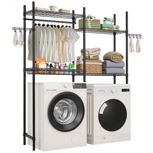 VEVOR Over Washer and Dryer Storage Shelves, 4 Tiers Laundry Room Drying Rack with Hanger Rod and Hooks, Two Rows Adjustable Washer Shelves Space Save