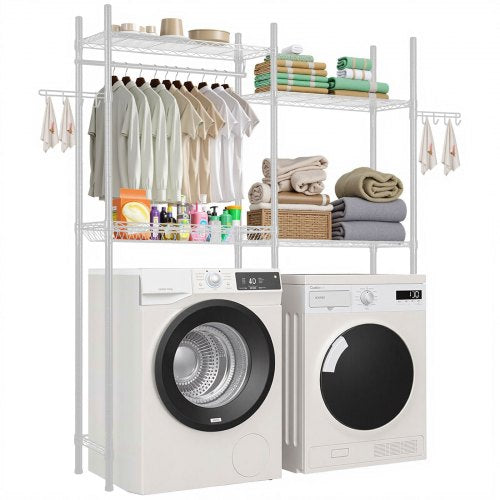 VEVOR Over Washer and Dryer Storage Shelves, 4 Tiers Laundry Room Drying Rack with Hanger Rod and Hooks, Two Rows Adjustable Washer Shelves Space Save