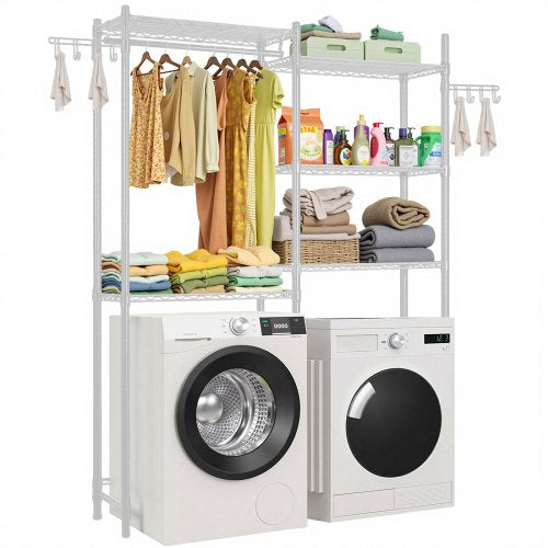 VEVOR Over Washer and Dryer Storage Shelves, 5 Tiers Laundry Room Drying Rack with Hanger Rod and Hooks, Two Rows Adjustable Washer Shelves Space Save