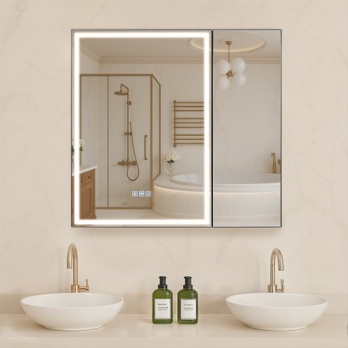 VEVOR Lighted Medicine Cabinet with Mirror, 30 x 28 in Recessed or Wall Mount, 3 Color Dimmable LED Bathroom Medicine Cabinet with HD Tempered Glass M