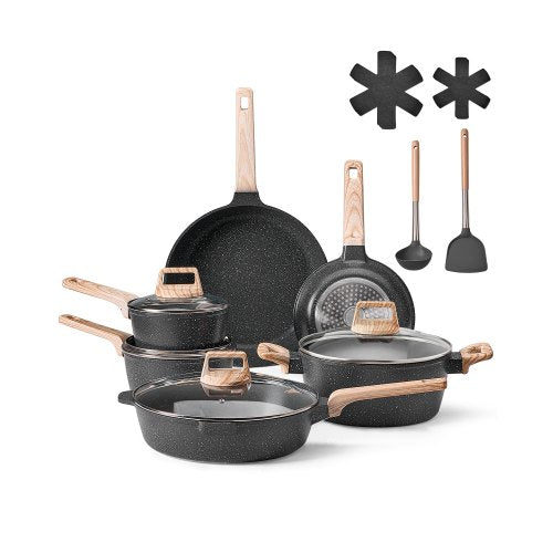 VEVOR 17 Piece Pots and Pans Set Nonstick, Granite Cookware Set, Induction Cookwares, Kitchen RV Cooking Sets with Frying, Sauce, Saute, Tempered Glas