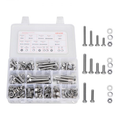 VEVOR 246 Pcs Bolts and Nuts Assortment Kit, Imperial Screws and Flat Washers, Stainless Steel 1-4-20,5-16-18,3-8-16, Spring Lock Washers for Furnitur