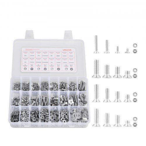 VEVOR 720 Pcs Bolts and Nuts Assortment Kit, Imperial Machine Screws and Flat Washers, Stainless Steel 6-32,8-32,10-24,1-4-20, for Furniture -Equipmen