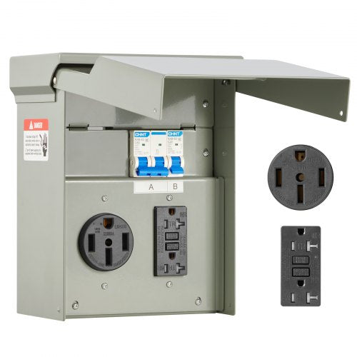 VEVOR Temporary Power Outlet Panel, 20 50 Amp, RV EV Electrical Outlet Panel with NEMA 50 Amp GFCI 20 Amp Receptacle Installed, Pre-Wired IP54 Weather